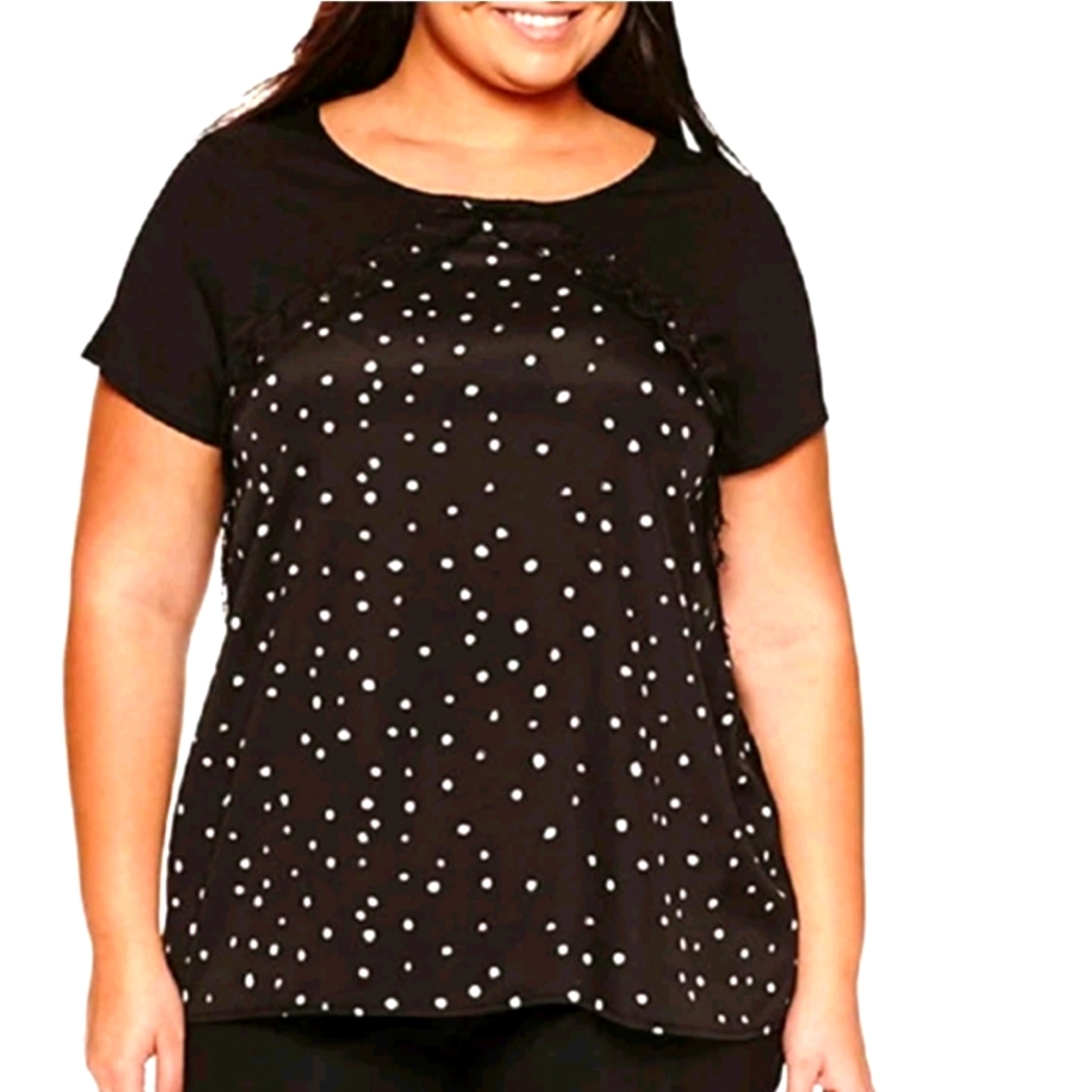Worthington Woman Blouse 2X Black White Polka Dot Lace Trim Short Sleeve Plus